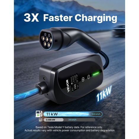 Chargeur Voiture Électrique 11 kW Borne de Recharge Véhicule Électrique Mobile 16 A avec Câble Recharge Type 2 8 m, Prise CEE 16 A Triphasé, Écran LCD, Courant Réglable, Boîtier de Commande IP66 (1/5)