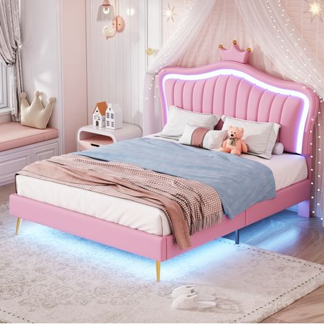 Polsterbett 140/200 cm rosa aus Kunstleder mit LED und verstellbarem Muschel-Kopfteil (1/5)