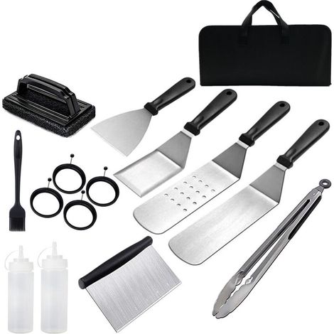 royaluxe - Spatules pour Barbecue 14 Pièces Ensemble d'Accessoires Plaque Chauffante Professionnelle BBQ et Grattoir à Gril Flipper Ustensiles Set en Acier Inoxydable Teppanyaki avec Sac de Transport, (1/5)