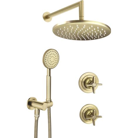 Set miscelatore doccia a incasso con doccetta e soffione tondo finitura ottone - Tevo (1/5)