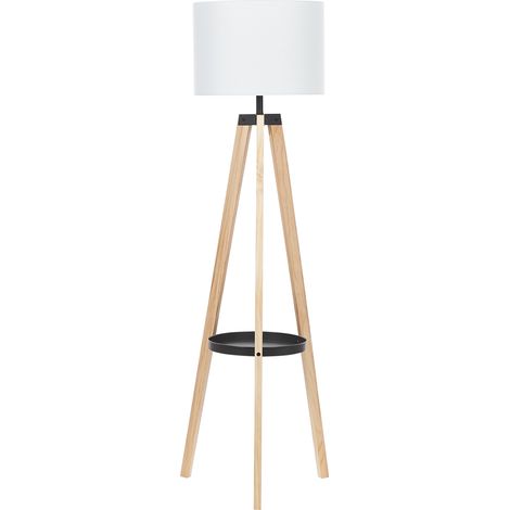 Lámpara de pie blanco negro patas de madera de pino pantalla de tela 149 cm trípode cable largo interruptor escandinavo Bluff