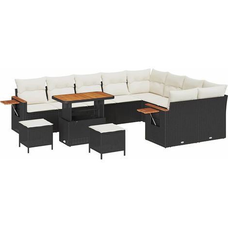 Garden Sofa Set with Cushion 13 pcs Black and Cream Poly Rattan vidaXL