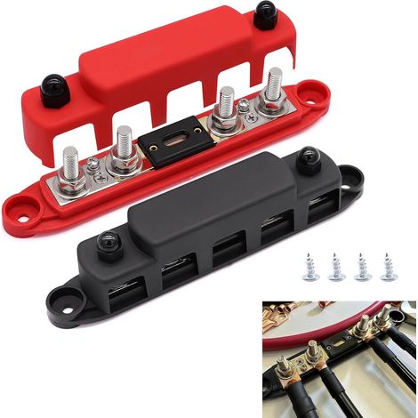 300A M8 Bloc de Distribution D'alimentation 12V-48V BusBar Barres de Distribution D'énergie avec Fusibles , 4 x M8 Boulons de Borne, Pour Voitures Camion RV Bateaux Yachts, 2 Pièces