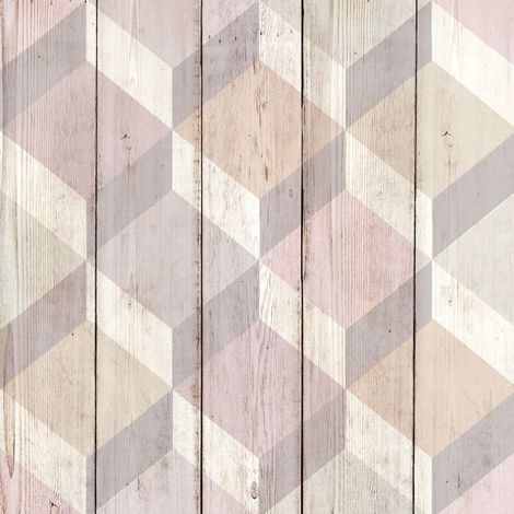 3D Cube Wood Effect Geometric Wallpaper Wooden Panel Plank Board Copenhagen Pink