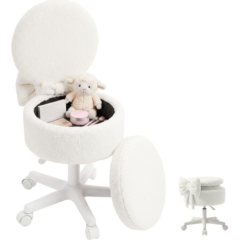 Storage Stool - with Storage Compartment - White, Teddy Velvet, Round Back - for Bedroom, Dressing Room, Home (1/5)