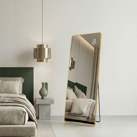 Grand Miroir sur Pied, avec Miroir Grossissant, Verre Trempé, Rectangulaire, Coins Arrondis, 160 x 50 cm, Doré (1/5)