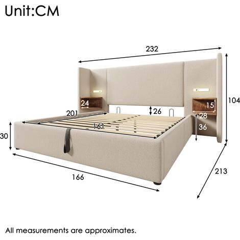 Lit double 160x200 beige lin avec table de nuit, lampe de chevet et chargeur USB-C, coffre de rangement intégré, sommier bois massif et métal, sans matelas