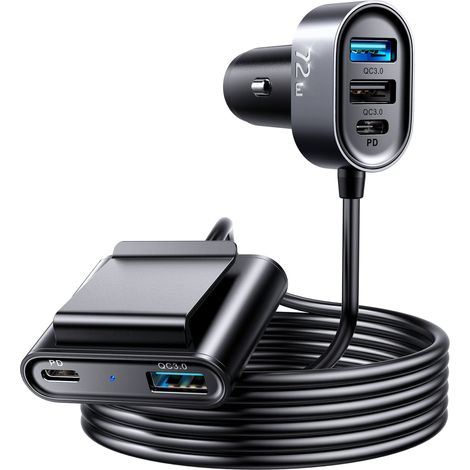Cargador de coche USB C y USB de 72 W, [5 puertos] PD 3.0 y QC 3.0 y PPS súper rápido [cable de extensión de 1,5 m] Cargador de coche USB C compatible con iPhone 14 Pro Max, 13 Pro Max, iPad Pro, Sams (1/5)