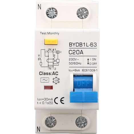 Disjoncteur Miniature 230V, AC Type 30mA C20A 1P N Disjoncteur à Courant Résiduel, Protecteur de Fuite Protection Contre les Surcharges Commutateur D'air pour Lignes de Distribution D'éclairage (1/5)