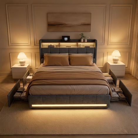 Lit 180x200 avec 4 tiroirs,sommier à lattes,bande lumineuse LED et chargement USB,lit king,lit double capitonné,lit adulte,tissu en lin,gris (1/5)