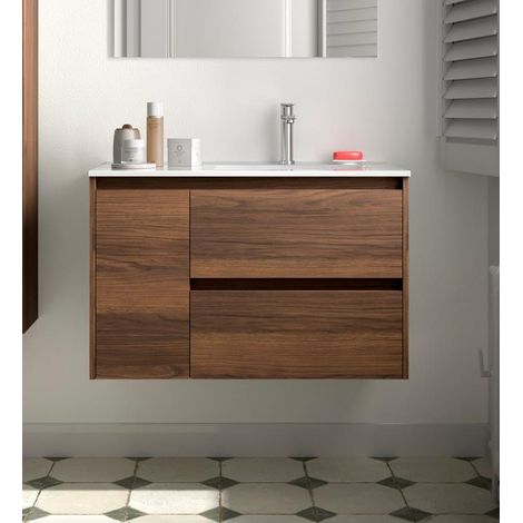 Meuble bas Noja 850 2 tiroirs 1 porte gauche + lavabo noyer (1/4)