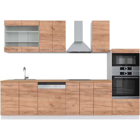 Mueble de cocina Fame-Line, Oro potencia roble/blanco, 300 cm con armario alto, ET Roble, Vicco