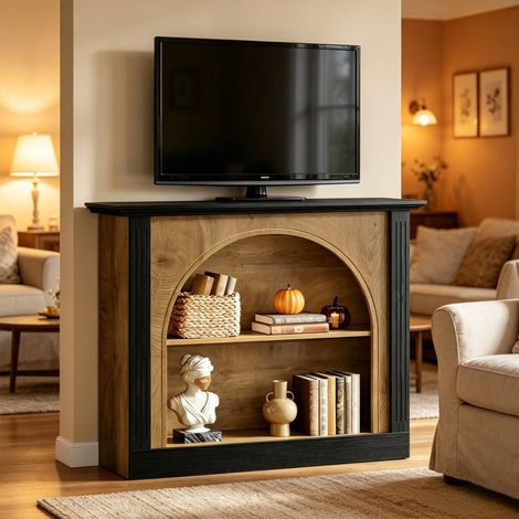Meuble TV 110x30x90cm ave ccompartiments ouverts, Design mid-century élégant, marron et noir (1/5)