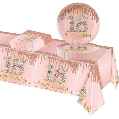 37 Pièces Assiette Vaisselle Jetable Anniversaire Kit, Or Rose Decoration Anniversaire Vaisselle 18 Ans Garçon Fille, Nappe Papier Assiette Serviette pour Decoration Anniversaire 18 Ans Cadeau (1/5)