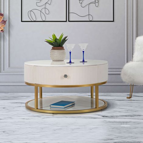 Tavolino da Salotto Dalasida, un Cassetto, Rivestimento in Tessuto Imbottito, un Vano, 75x75x36h cm Bianco Crema (1/5)