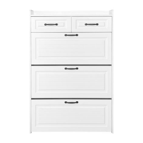 Schuhschrank, bestehend aus drei großen Klappen und zwei Schubladen, Holzschuhschrank, Schuhregal, Geeignet für Eingangsbereiche und Wohnzimmer - Maße: B80/T23.5/H131 cm (1/4)