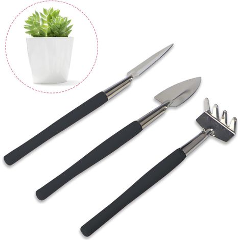 Lot de 3 mini outils de jardinage en acier inoxydable avec pelle, râteau, bêche, outils de jardinage pour plantes grasses, plantes en pot, fleurs (noir) (1/5)