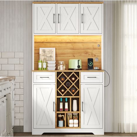 Aparador alto de cocina con LED RGB, botellero, MDF natural y blanco OKMYHOME (1/5)