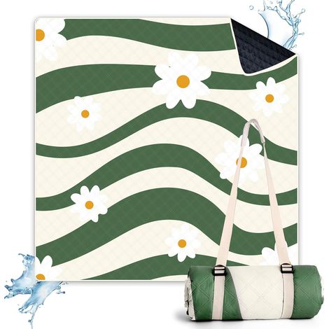 Couverture de Pique-Nique 200 x 200 cm, Tapis de Plage Imperméable Lavable avec Bandoulière pour Camping Jardin Plage, Petite Fleur (1/5)