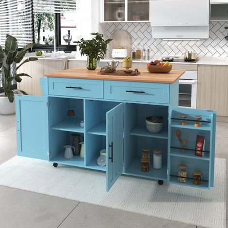 129x46(71)x91,5 cm großer Speisewagen/Sideboard, Arbeitsplatte mit Massivholzmaserung + blauer Schrank/faltbare Arbeitsplatte/Aufbewahrungstür-Design/Räder/Massivholzfüße umschaltbar/für Zuhause geeig (1/5)