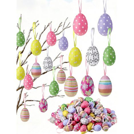 Lot de 8 œufs suspendus de Pâques : Œufs en mousse colorés peints avec motif de lapin, décoration pour maison et fête de Pâques, ornements d’arbre de Pâques (styles et couleurs aléatoires) (1/5)