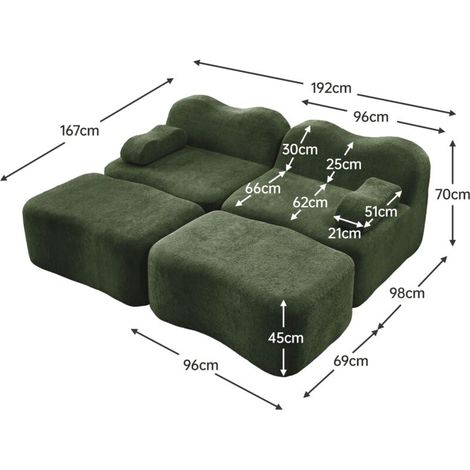 Canapé d’angle modulable 2 places en L – 2 poufs, sans armature, mousse 32D, antidérapant, dimensions 192 x 167 x 70 cm – Solution modulable sans structure rigide (1/5)