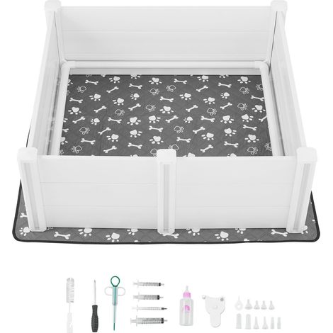 Boîte de mise bas pour chien, 122 x 122 x 46 cm, parc en PVC avec porte réglable en hauteur, tapis lavable, anti-déformation, intérieur, pour grandes races, blanc cassé. (1/5)