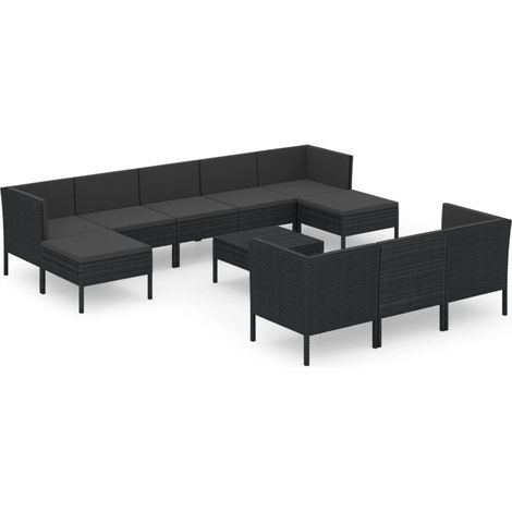Set muebles de jardín 11 pzas y cojines ratán sintético negro vidaXL