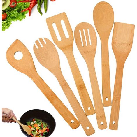 Set di 6 utensili da cucina in bambù: cucchiaio da cucina in bambù, spatola antiaderente con manici, set di spatole resistenti al calore, utensili da cucina antiaderenti. (1/5)