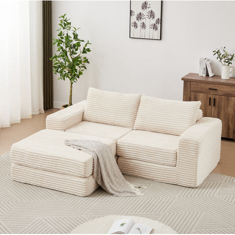 Sofá cama modular de 2 plazas en pana beige con 2 cojines DESVIAE (1/5)
