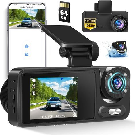1080P Dashcam Auto vorne hinten und innen WiFi mit App-Steuerung, Weitwinkel 3-Kanal mit SD 64G, Front- und Rückfahrkameras mit Infrarot-Nachtsicht, G-Sensor, Loop-Aufnahme (1/5)