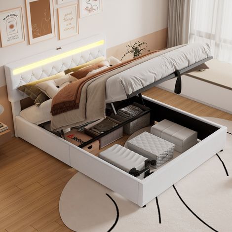 Bett mit Stauraum Leinen Weiß 160x200 cm, gepolstert, mit LED-Beleuchtung, USB-C/USB und Lattenrost
