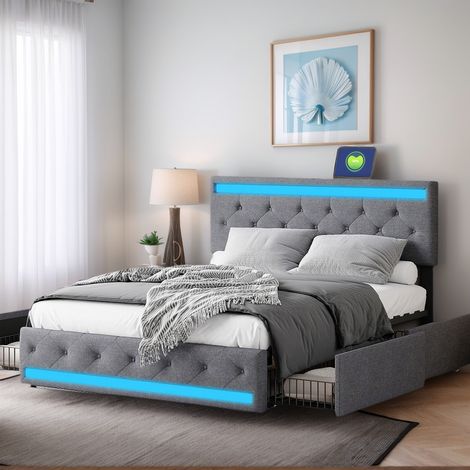 Lit double 140 x 200, lit adulte 140x200 avec 4 tiroirs, avec port USB et LED, cadre de lit, avec tete de lit, gris foncé, tissu lin (1/5)