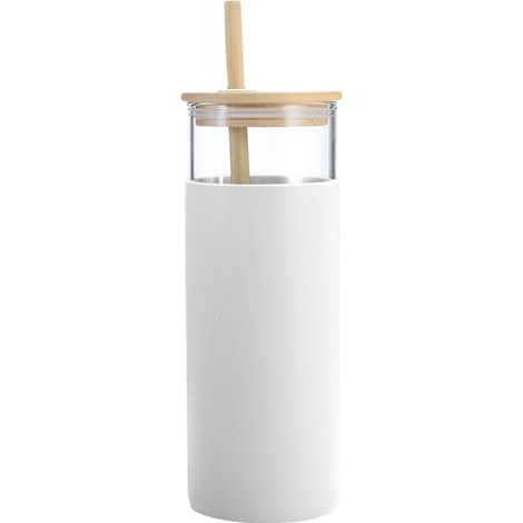 Verre À Paille - 500 ml - Verre Trempé Simple Paroi - Couvercle En Bambou - Anneau En Silicone - Pour Boissons Froides Et Chaudes - 1 Pièce (1/5)