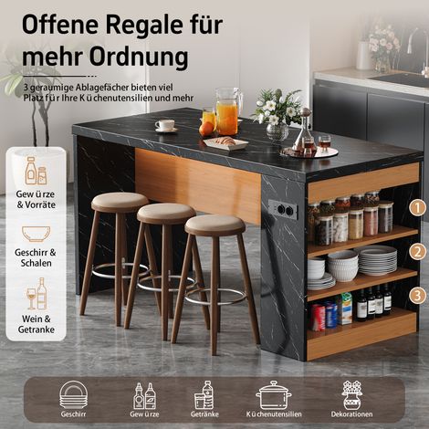 Îlot de cuisine 155 x 80 x 90 cm avec éclairage LED et prises électriques, plan de travail de 40 mm, 2 prises secteur + 2 ports USB, 3 étagères ouvertes, îlot moderne pour cuisine et salle à manger. (1/4)