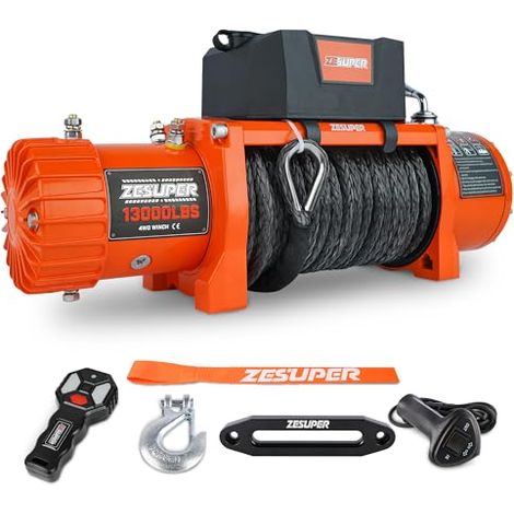 ZESUPER Treuil électrique de 12 V avec capacité de charge de 5896,7 kg, corde synthétique, treuil tout-terrain étanche pour Jeep, camion, VUS avec télécommande sans fil et commande filaire (13 000 (1/5)