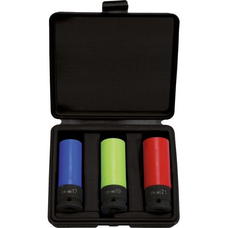 Kstools – Coffret de douilles à chocs 3 pièces 1/2" – Acier Chrome-Molybdène – Longues 6 pans pour jantes aluminium – Montage/démontage de roue