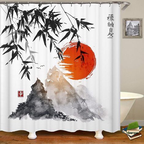 Rideau de douche traditionnel japonais à l'encre avec crochets, 150 x 180 cm, motif bambous, soleil et montagnes, en polyester résistant à l'eau, anti-moisissure et lavable. (1/5)