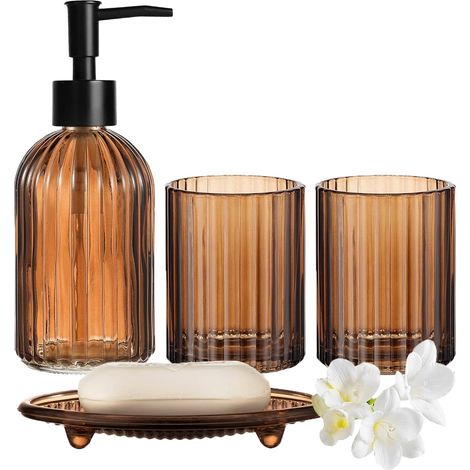 Ensemble complet d'accessoires de salle de bain en verre marron composé d'un distributeur de savon, d'un porte-brosse à dents, d'un gobelet de rinçage et d'un porte-savon pour décoration de salle de (1/5)