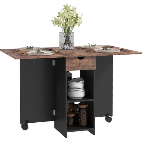 Ausziehbarer Klapptisch für 2–4 Personen, 2 Ausklappplatten, 120 x 72 x 75 cm, rustikaler schwarzer Stil