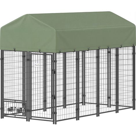 PawHut Recinto per Cani da Esterno con Tetto Anti-UV e 2 Ciotole, Verde
