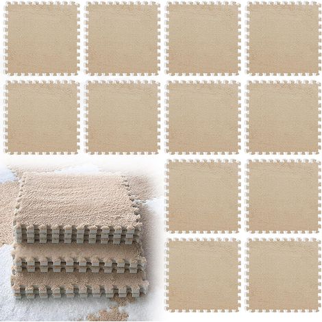 12 Pièces Tapis Mousse Dalles Mousse Carreaux de Sol Emboîtables en Peluche Dalle Chambre Enfant Tapis Puzzle pour Salon et Chambre à Coucher 30 x 30 cm Café Clair (1/5)