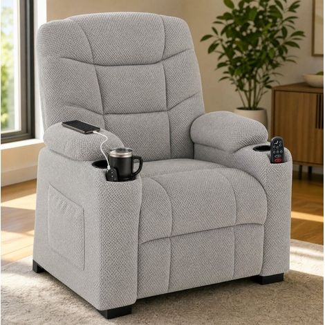 MODFU – Divano relax elettrico in poliestere con massaggio 8 punti, riscaldamento, USB, memoria e portabicchieri – Grigio (1/5)