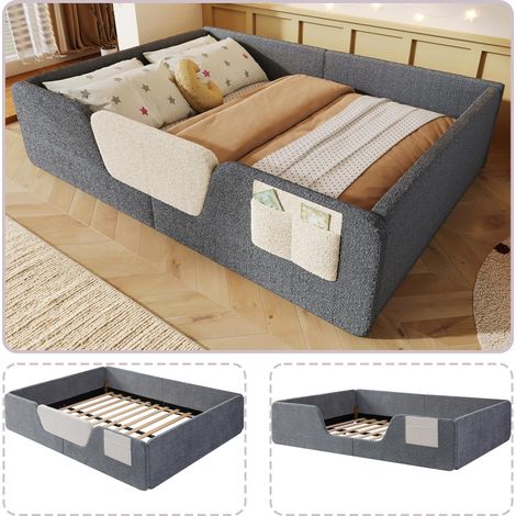 Lit capitonné, 140x190cm, sans matelas, barrières de sécurité amovibles, sac de rangement intégré en velours unique, gris, garantie 2 ans