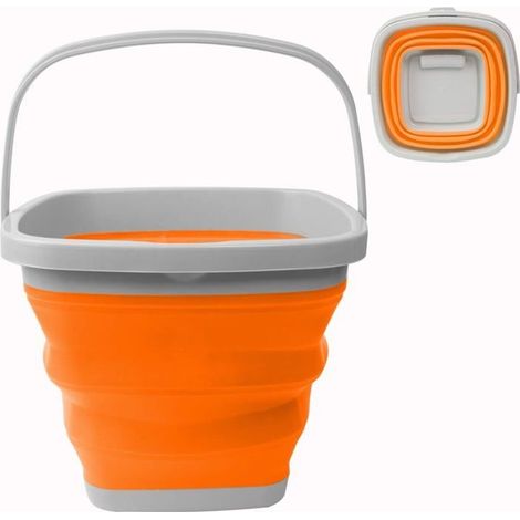Seau Pliable 10 L, Seau en Silicone Portable pour Le Nettoyage Intérieur,Camping, Pêche, Voyage, Lavage de Voiture (Carré Orange) (1/5)