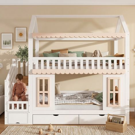 Etagenbett, Kinderbett, Hausform, Seitlicher Stauraumschrank mit Leiter, 2 Schubladen, Dekorative Holzfenster und Zierleisten, Kiefer+MDF, Weiß+Natur, 90x200cm (1/5)