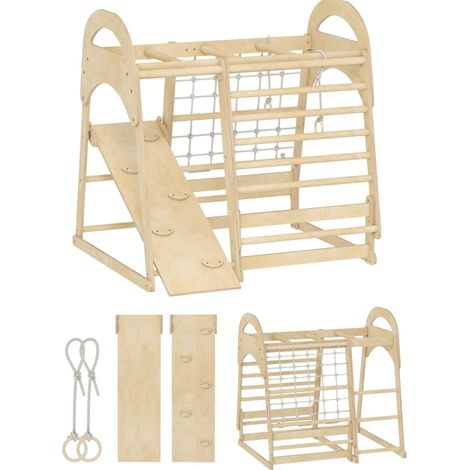 Structure d'escalade intérieure 6-en-1 pour enfants 3-6 ans avec toboggan réversible, échelle, filet, anneaux et barres, bois clair, CHICFURN (1/5)