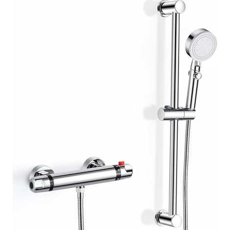 Kit mitigeur de douche thermostatique mural Vanne de douche thermostatique avec kit de rehausseur réglable, verrouillage de sécurité à 38 °C, anti-brûlure, ensemble de douche moderne chromé (1/5)