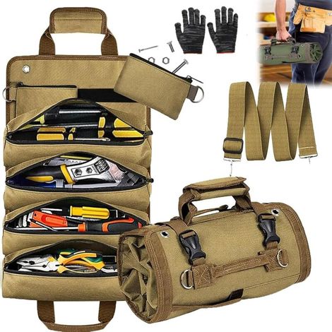 Sac de rangement pour outils, organiseur robuste enroulable avec pochettes amovibles, sac de rangement pliable et portable pour mécanicien et bricoleur, vert,Brown (1/5)