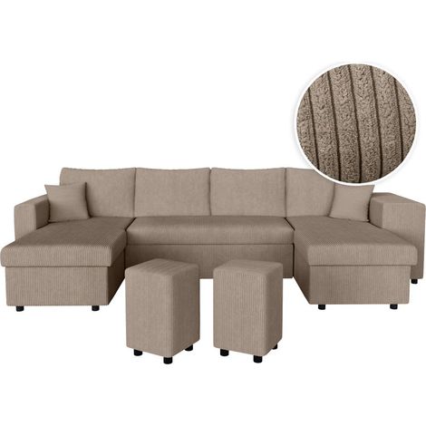 Loungitude – Canapé panoramique convertible 6 places avec 2 coffres de rangement – Revêtement en velours côtelé taupe – 2 poufs d'appoint inclus